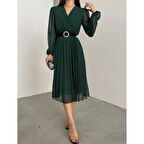 Lucky Life Kadın şifon Kumaş Astalı Kloş Kesim Kruvaze Yaka Midi Boy Elbise