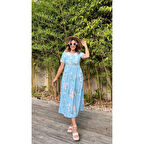 Lucky Life Kadın Kısa Kollu çiçek Baskı Midi Boy Süprem Elbise