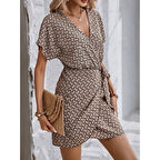 Lucky Life Kadın Kısa Yarasa Kollu önden Kruvaze Yaka Detaylı önden Bağlamalı Desenli Süprem Elbise