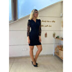 Lucky Life Kadın Uzun Kollu Kruvaze Yaka Kollar Tül Detay Krep Mini Boy Elbise