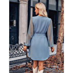 Lucky Life Kadın Uzun Kollu Yakadan Bağcıklı Belden Kuşaklı Ithal Krep Elbise