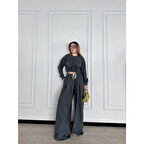 Lucky Life Kadın Uzun Kollu Önü İp Büzgülü Crop Ve Pantolon İkili Takım - Antrasit