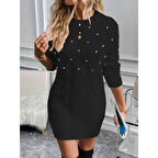 Lucky Life Kadın Uzun Kollu Bisiklet Yaka Desenli Triko Elbise