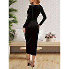 Lucky Life Kadın Uzun Kollu Kruvaze Yaka Belden Büzgü Detay Midi Kadife Elbise