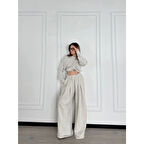 Lucky Life Kadın Uzun Kollu Önü İp Büzgülü  Crop Ve Pantolon İkili Takım - Gri