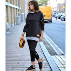 Lucky Life Kadın Siyah Kapşonlu Etek Ucu Detay Arma Ters Dikiş Gorunumlu Ikili Takım