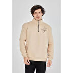 Erkek Yarım Fermuarlı Baskılı Sweat - Bej