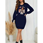 Lucky Life Kadın Uzun Kollu Bisiklet Yaka Desenli Viskon Iki Iplik Elbise