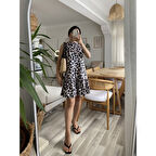Lucky Life Kadın Kolsuz Sırttan Bağlamalı Fırfırlı Leopar Desenli Süprem Elbise