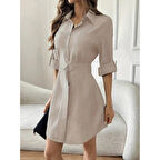 Lucky Life Kadın Uzun Kollu Yakalı önden Düğmeli Beli Kuşaklı Mini Ithal Keten Elbise