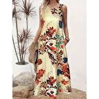 Lucky Life Kadın Askılı Yuvarlak Yaka Cepli Desenli Süprem Elbise