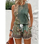 Lucky Life Kadın Askılı Yuvarlak Yaka çiçek Baskılı Süprme Bluz Ve Short Ikili Takım