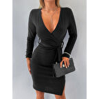 Lucky Life Kadın Uzun Kollu Kruvaze Yaka Bağcık Detay Akrilik Mini Boy Elbise