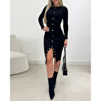 Lucky Life Kadın Uzun Kollu Yırtmaçlı Düğme Detaylı Midi Kaşkorse Elbise