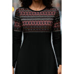 Lucky Life Lucky Life Kadın Uzun Kollu Bisiklet Yaka Etnik Desenli Kısa şardonlu Dalgıç Elbise