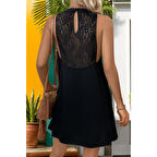 Lucky Life Kadın Daire Yakalı Omuzlardan Açık Sırt Dantel Detaylı Janjan Krep Elbise