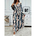 Lucky Life Kadın Uzun Kollu Kruvaze Yakalı Beli Kuşaklı Desenli Süprem Maxi Elbise