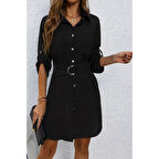 Lucky Life Kadın Uzun Kollu Yakalı önden Düğmeli Beli Kuşaklı Mini Ithal Keten Elbise