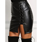 Lucky Life Kadın  Yüksek Bel Yandan çapraz Bağcıklı Yırtmaçlı Mini Deri Etek