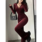 Lucky Life Kadın Uzun Kollu Kapşonlu Fermuarlı Kadife Tulum