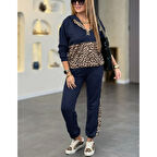 Lucky Life Kadın Uzun Kollu Kapşonlu Leopar Desen Detaylı Viskon Iki Iplik Bluz Ve Pantolon Ikili Takım