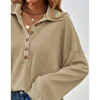 Lucky Life Kadın Uzun Kollu Yakalı Düğmeli Salaş Waffle Bluz