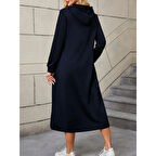 Lucky Life Kadın Uzun Kollu Kapşonlu Cep Detaylı Viskon Iki Iplik Maxi Elbise