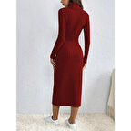 Lucky Life Kadın Uzun Kollu Balıkçı Yaka Yırtmaçlı Düğmeli şardonlu Kaşkorse Elbise