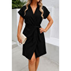 Lucky Life Kadın Kısa Kollu Yakalı Yandan Bağlamalı Dokuma Elbise