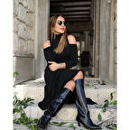 Lucky Life Kadın Balıkçı Yaka Omuzlardan Açık Uzun Kollu Janjan Krep Elbise