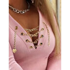 Lucky Life Lucky Life Kadın Uzun Kollu V çapraz Zincir Detaylı Kaşkorse Bluz