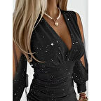 Lucky Life Kadın Uzun Kollu V Yakalısim Detaylı Mini Sandy Elbise