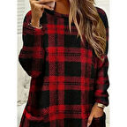 Lucky Life Kadın Uzun Kollu Yarı Balıkçı Yakalı Cep Detaylı Ekoseli Dokuma Tunik