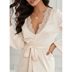 Lucky Life Kadın Uzun Kollu Dantel Yakalı Belden Kuşaklı Viskon Gecelik