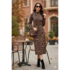 Lucky Life Kadın Uzun Kollu Balıkçı Yaka Leopar Desenli Midi Boy Elbise