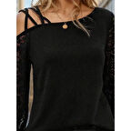 Lucky Life Kadın Uzun Kollu Tek Omuzu çapraz şerit Detaylı Viskon Iki Iplik Bluz