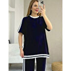 Lucky Life Kadın Kısa Kollu Bisiklet Yaka çift Renk şerit Detaylı Viskon Iki Iplik Bluz Ve Pantolon Ikili Takım