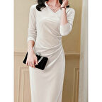 Lucky Life Kadın Uzun Kollu Kruvaze Yakalı Yandan Büzgülü önden çapraz Detaylı Midi Kadife Elbise