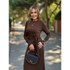 Lucky Life Kadın Uzun Kollu Bisiklet Yaka Yandan Bağlamalı Uzun Modal Elbise