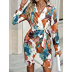 Lucky Life Kadın Uzun Kollu Yakalı Yandan Bağlamalı Mini Desenli Modal Elbise