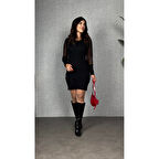 Lucky Life Lucky Life Kadın Uzun Kollu V Yakalı Tül Detaylı Mini Kaşkorse Elbise