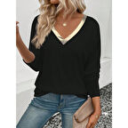 Lucky Life Kadın Uzun Kollu V Parlak Yaka Detaylı Viskon Bluz