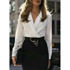 Lucky Life Kadın Uzun Kollu Kruvaze Yaka Janjan Krep Midi Elbise