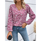Lucky Life Lucky Life Kadın Uzun Kollu V Yakalı çiçek Desenli Modal Bluz