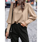 Lucky Life Kadın Uzun Kollu Yuvarlak Yakalı Düğmeli Ithal Krep Bluz