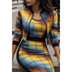 Lucky Life Kadın Uzun Kollu Askılı Yuvarlak Yaka Desenli Dalgıç Bluz Ceket Ve Etek üçlü Takım