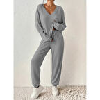 Lucky Life Kadın Uzun Kollu V Yakalı Kaşkorse Bluz Ve Pantolon Ikili Takım