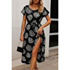 Lucky Life Kadın Kısa Kollu Bisiklet Yaka Desenli Kuşaklı örme Krep Midi Elbise