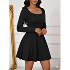 Lucky Life Kadın Uzun Kollu Kare Yakalı Mini Ithal Krep Elbise