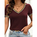 Lucky Life Kadın Kısa Kollu V şerit Etnik Desen Yakalı Viskon Bluz